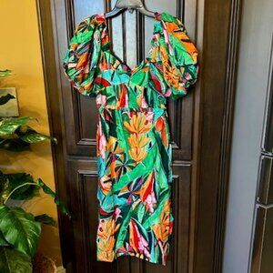 Farm Rio Banana Foliage Multi Color Puff-Sleeve V-Neck Cotton Voile Midi Dress